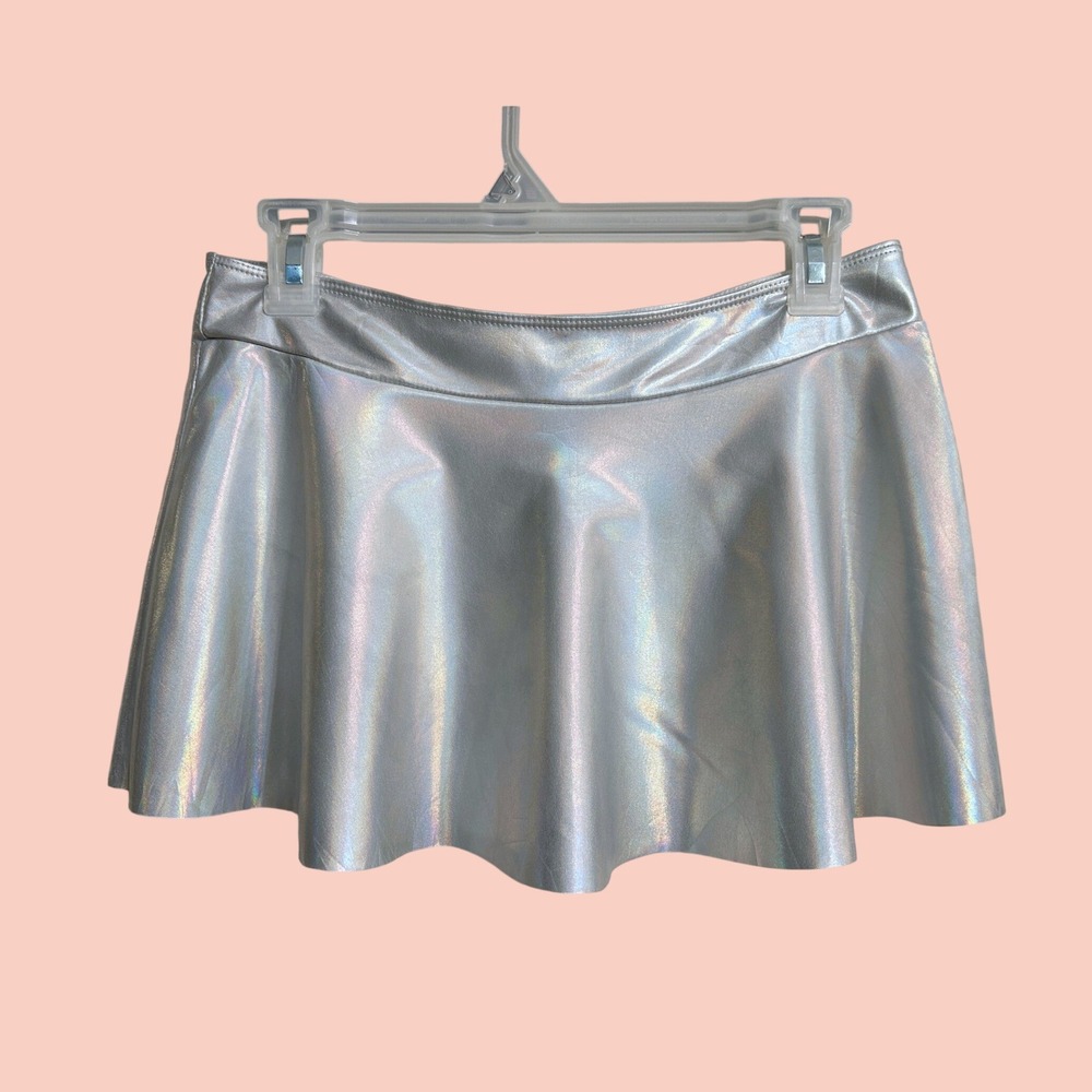 Metallic Silver Holographic Mini Skirt Space Cowboy Alien Costume Med Stretchy